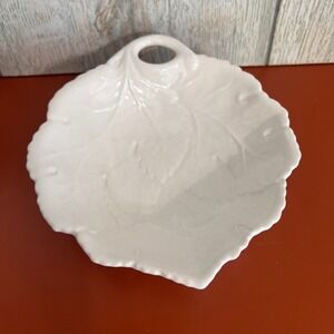 Vintage White Ceramic Leaf Dish Embossed Serving Tray with Handle 7.5 Inch